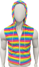 Load image into Gallery viewer, Mannequin wearing a pastel rainbow striped faux fur sleeveless hoodie with the hood on