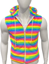 Load image into Gallery viewer, Mannequin wearing a pastel rainbow striped faux fur sleeveless hoodie with the hood off