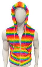 Load image into Gallery viewer, Mannequin wearing a colorful, faux fur rainbow striped sleeveless hoodie with the hood on