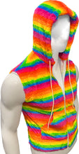 Load image into Gallery viewer, Off angle view of mannequin wearing a colorful, faux fur rainbow striped sleeveless hoodie with the hood on
