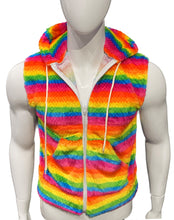 Load image into Gallery viewer, Mannequin wearing a colorful, faux fur rainbow striped sleeveless hoodie with the hood off