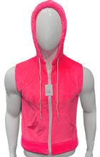 Load image into Gallery viewer, Mannequin wearing a pink sleeveless faux fur hoodie with the hood on