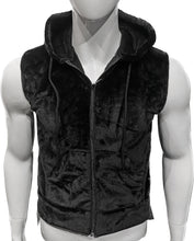 Load image into Gallery viewer, Mannequin wearing a black sleeveless faux fur zip-up hoodie with the hood off