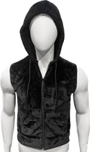 Load image into Gallery viewer, Mannequin wearing a black sleeveless faux fur hoodie with the hood on