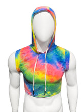 Load image into Gallery viewer, This image features a vibrant, multicolored tie-dye hooded crop tank displayed on a mannequin. The hoodie is adorned with a vivid rainbow tie-dye pattern, creating a eye-catching look ideal for festive occasions such as circuit parties, festivals, and pride events.