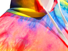 Load image into Gallery viewer, Close up of drawstring and fabric of tie dye rainbow hooded crop top
