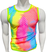 Load image into Gallery viewer, Mannequin wearing a fishnet tank top made with a tie-dyed neon fabric that's red, pink, yellow, green, blue, and purple. The neckline and shoulder trims are made from a solid neon green fabric.