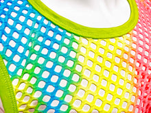 Load image into Gallery viewer, Close up view of the neckline of a neon rainbow fishnet tank top