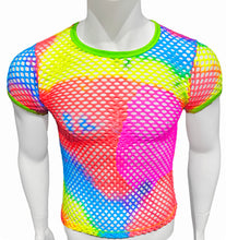 Load image into Gallery viewer, Mannequin wearing a fishnet t-shirt made from a neon tie-dyed fabric with pink, red, yellow, green, blue, and purple tones. Solid neon green trim is used for the neckline and arm hems.