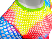 Load image into Gallery viewer, Close up view of neckline of neon rainbow fishnet t-shirt.