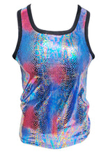 Load image into Gallery viewer, A multicolored metallic tank top with a blue pink snake pattern and black trim, designed for casual wear.