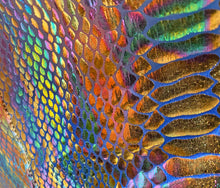 Load image into Gallery viewer, Close up view of blue and pink metallic snake print fabric