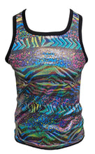Load image into Gallery viewer, A multicolored metallic tank top with a zebra / leopard pattern and black trim.