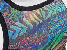 Load image into Gallery viewer, Close up of neckline of metallic multicolor zebra / leopard print tank