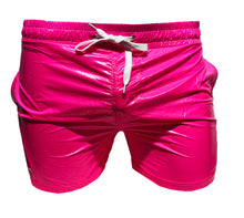 Load image into Gallery viewer, Hot pink high gloss shorts with a drawstring waistband.