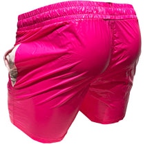 Load image into Gallery viewer, Rear view of hot pink high gloss shorts with side pockets