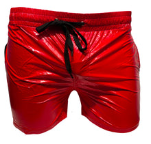 Load image into Gallery viewer, A pair of bright red high gloss shorts, with a black drawstring waistband