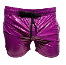 Load image into Gallery viewer, Purple high gloss shorts with a black drawstring waistband and side pockets