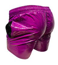 Load image into Gallery viewer, Rear view of purple high gloss shorts with side pockets