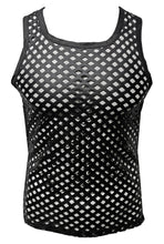 Load image into Gallery viewer, A black sleeveless tank top with a diamond-shaped punched out fabric pattern and a solid trim.