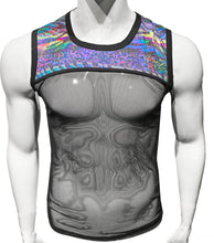 Load image into Gallery viewer, A sleeveless tank top with a combination of solid and see-through sections featuring a metallic zebra and leopard pattern fabric, primarily in black and purple colors.