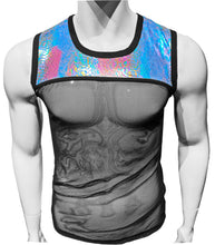 Load image into Gallery viewer, A sleeveless tank top with a combination of solid and see-through sections featuring a metallic snake pattern fabric, primarily in black and blue colors.