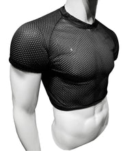 Load image into Gallery viewer, Off angle view of mannequin wearing black sports mesh crop tee