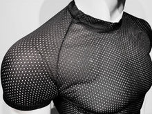 Load image into Gallery viewer, Close up view of mannequin wearing black sports mesh crop tee