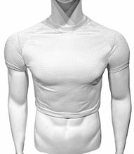Load image into Gallery viewer, A white sports mesh crop top tee displayed on a mannequin