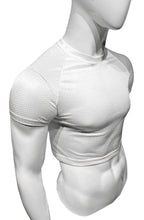 Load image into Gallery viewer, Off angle view of mannequin wearing white sports mesh crop tee