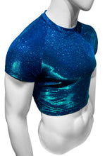 Load image into Gallery viewer, Side view of mannequin wearing sapphire glitter crop tee