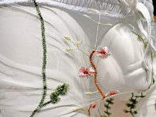 Load image into Gallery viewer, Close up view of white embroidered mesh fabric, showing the embroidered details