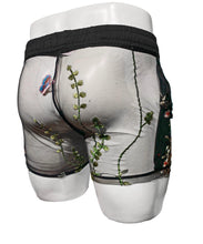 Load image into Gallery viewer, The image displays a pair of men's embroidered mesh shorts, predominantly black with red embroidered threads that feature floral and butterfly motifs. The shorts are designed to be see-through and include practical elements such as side pockets and a drawstring for an adjustable fit.
