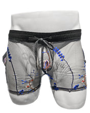 Load image into Gallery viewer, A pair of black mesh shorts with blue embroidered threads, featuring side pockets and a drawstring, displayed on a mannequin.