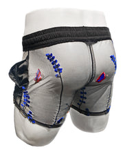 Load image into Gallery viewer, Rear view of mannequin wearing black blue embroidered floral mesh shorts