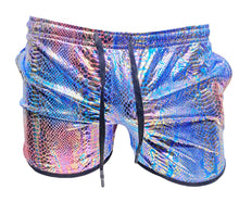 Load image into Gallery viewer, A pair of metallic snake pocket shorts with blue and pink color, featuring side pockets and a drawstring.