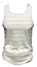 Load image into Gallery viewer, This image features a men's tank top adorned with a unique see-through stripe mesh design. The top is predominantly white mesh, with thin white stripes running horizontally, providing a sleek and sexy look.