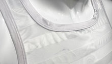 Load image into Gallery viewer, Close up of neckline of white stripes mesh tank top