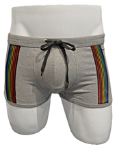 Load image into Gallery viewer, Gray trunks with black drawstring and rainbow stripes down on the sides, displayed on a white mannequin
