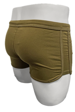 Load image into Gallery viewer, Olive green men's boxer briefs shown from a rear three-quarter view on a white mannequin