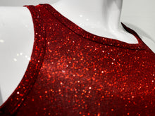 Load image into Gallery viewer, Close up of the neckline of red glitter tank top, worn by a mannequin