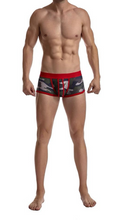 Load image into Gallery viewer, Man wearing a trunk with red waistband and camouflage pattern