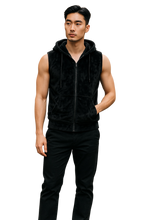 Load image into Gallery viewer, Man wearing a fuzzy black sleeveless hoodie
