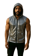 Load image into Gallery viewer, Man wearing a sleeveless striped zip up hoodie. Hoodie is Silver with black stripes