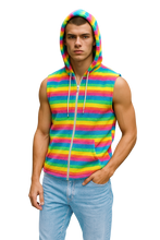 Load image into Gallery viewer, Person wearing a pastel rainbow striped sleeveless hoodie