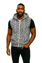 Load image into Gallery viewer, Man wearing a fuzzy white leopard print sleeveless zip-up hoodie