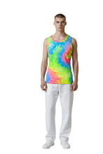 Load image into Gallery viewer, Model wearing tie dye stretch tank top, featuring green, blue, pink, and yellow