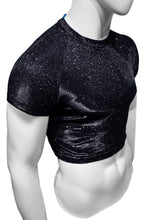Load image into Gallery viewer, Side view of mannequin wearing black glitter crop tee
