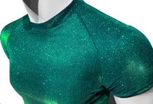 Load image into Gallery viewer, Close up view of mannequin wearing emerald glitter crop tee