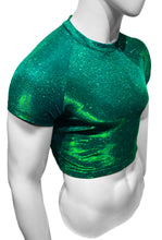 Load image into Gallery viewer, Side view of emerald glitter crop tee